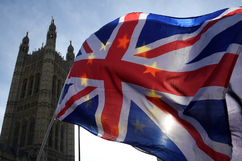 © Reuters. Anti-Brexit demonstrators wave EU and Union flags outside the Houses of Parliament in London