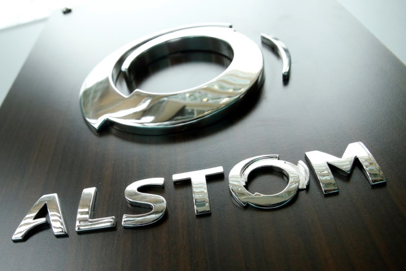 © Reuters. The logo of Alstom is seen before a news conference to present the company's full year 2016/17 annual results in Saint-Ouen
