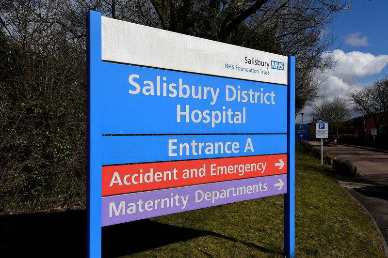 © Reuters. A sign indicates an entrance to Salisbury District Hospital