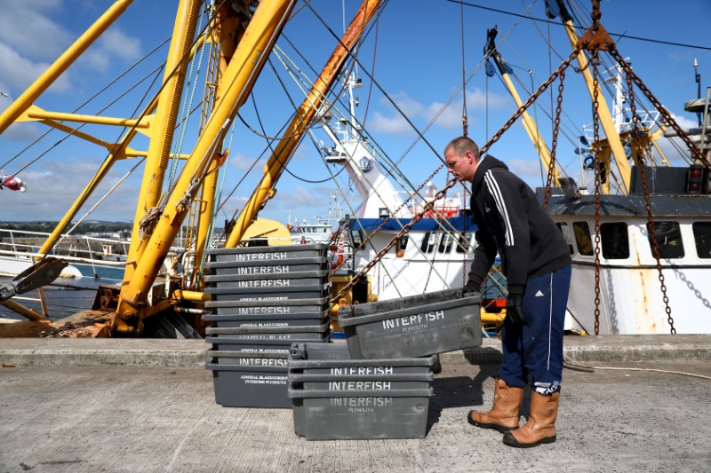 © Reuters. FILE PHOTO: A worker loads boxes at a port in Newlyn