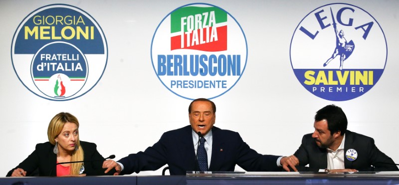 © Reuters. Il leader  di Forza Italia Silvio Berlusconi con Giorgia Meloni di Fratelli D'Italia e Matteo Salvini della Lega a Roma lo scorso 1 marzo