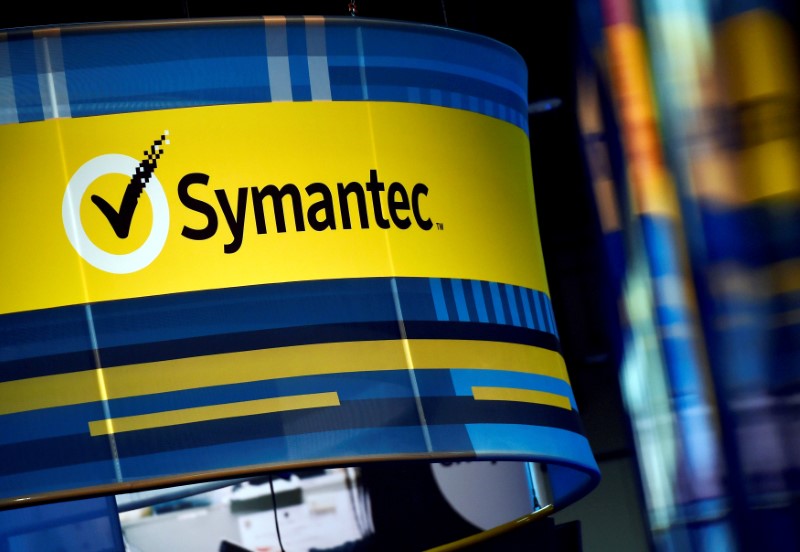 © Reuters. FILE PHOTO: The Symantec booth is seen during the 2016 Black Hat cyber-security conference in Las Vegas