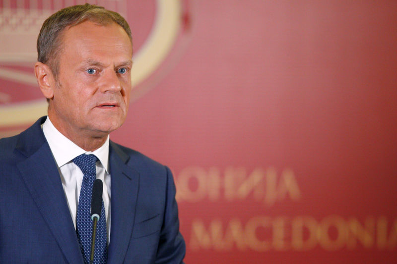 © Reuters. Presidente do Conselho Europeu, Donald Tusk, durante entrevista coletiva em  Skopje, na Macedônia