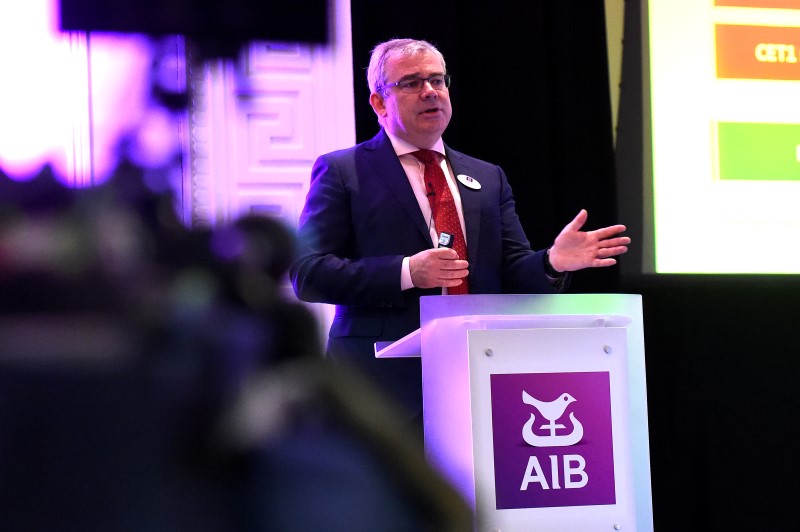 © Reuters. FILE PHOTO: Chief Executive Officer of Allied Irish Bank Bernard Byrne speaks at the Allied Irish Bank Annual General Meeting in Dublin, Ireland