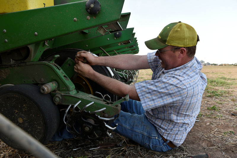 © Reuters. Cotton Farmer Drew Malchoff works to replace a flat tire on a planting implement in Wakita, Oklahoma