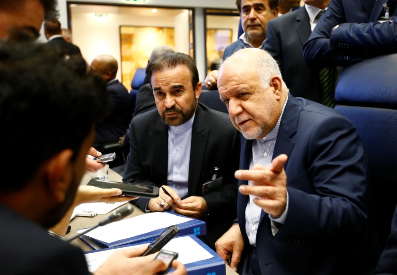 © Reuters. FILE PHOTO:  Iran's Oil Minister Zanganeh talks to journalists before an OPEC meeting in Vienna