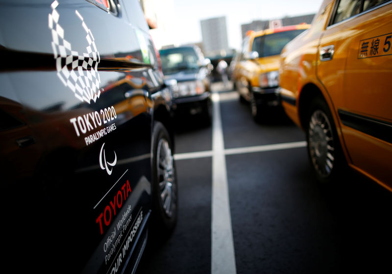 © Reuters. Toyota Motor Co.'s 'JPN Taxi' car is parked at a service branch of Hinomaru Kotsu Co. in Tokyo