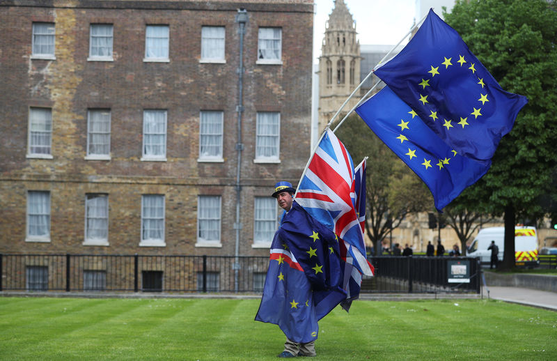 © Reuters. An anti-Brexit protester carries flags opposite the Houses of Parliament in London