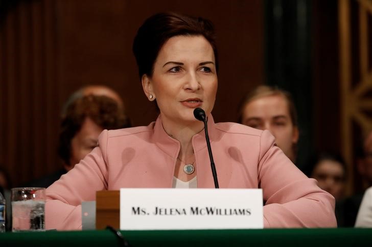 © Reuters. Jelena McWilliams, nominee to be chairperson of the Federal Deposit Insurance Corporation, speaks during a Senate Banking Committee hearing on Capitol Hill in Washington