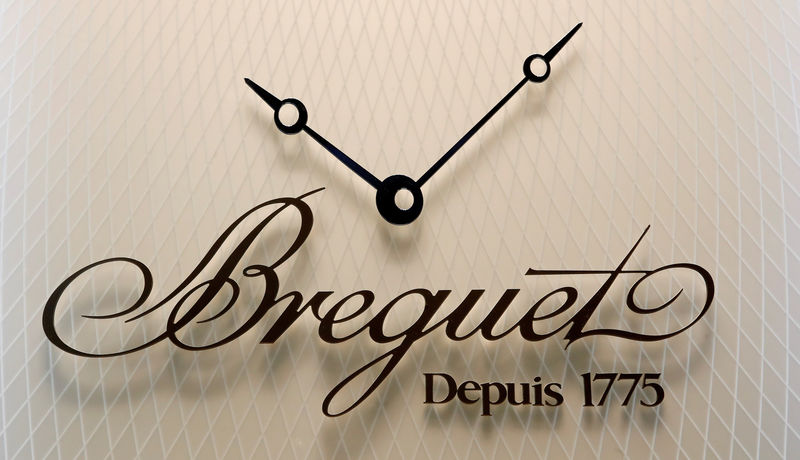 © Reuters. FILE PHOTO: The logo of Swiss watch manufacturer Breguet is seen at the Baselworld fair in Basel