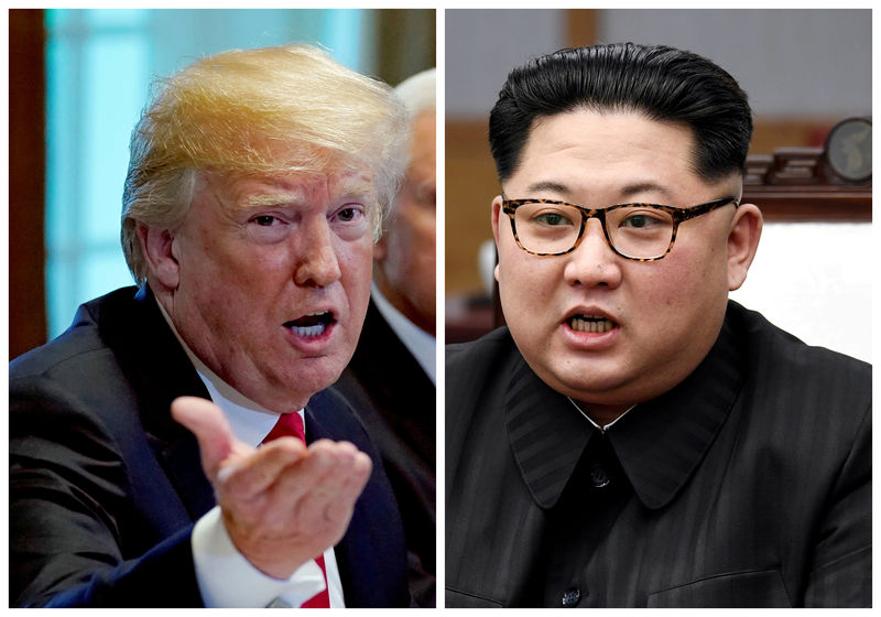 © Reuters. Fotos do presidente dos Estados Unidos, Donald Trump, e do líder norte-coreano, Kim Jong Un