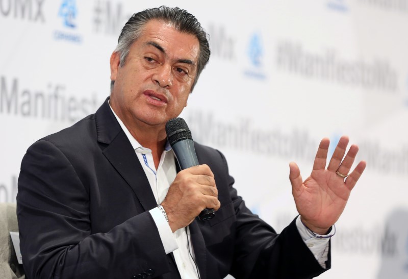 © Reuters. Independent presidential candidate Jaime Rodriguez Calderon speaks during an event organised by Mexican Employers' Confederation in Mexico City
