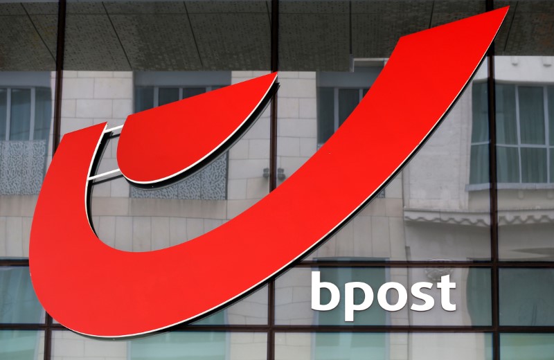 © Reuters. The logo of Belgium's national postal deliverer bpost is pictured outside the company's headquarters in Brussels