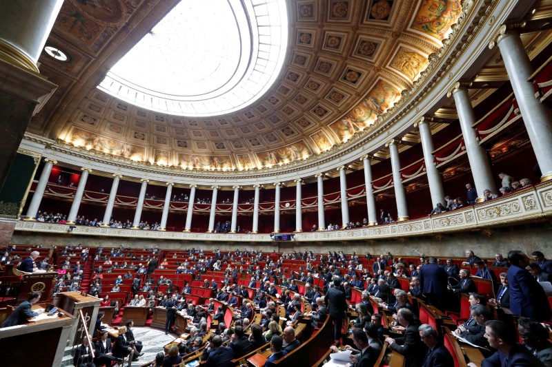 © Reuters. FILE PHOTO: A general view shows the hemicycle during the questions to the government session at the French the National Assembly in Paris