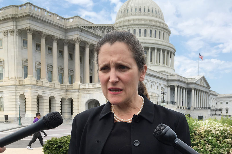 © Reuters. Canadian Foreign Minister Chrystia Freeland speaks to reporters after talks with senior U.S. legislators on Capitol Hill in Washington