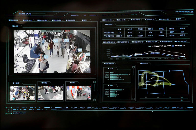 © Reuters. FILE PHOTO: SenseTime surveillance software identifying customers' movement patterns at a department store runs as a demonstration at the company's office in Beijing