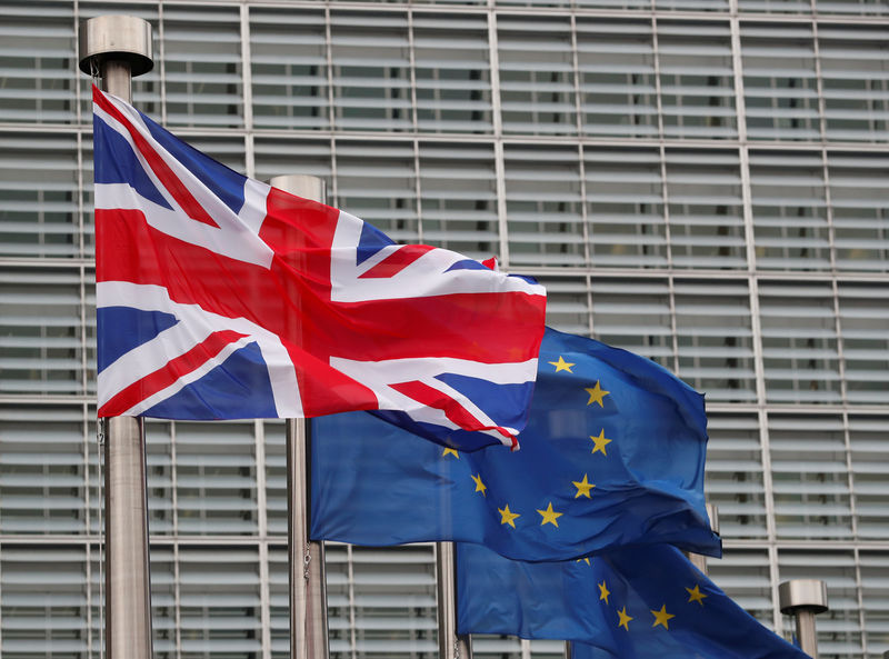 © Reuters. FILE PHOTO: A Britain's and some European flags are hung outside the EU Commission headquarters in Brussels