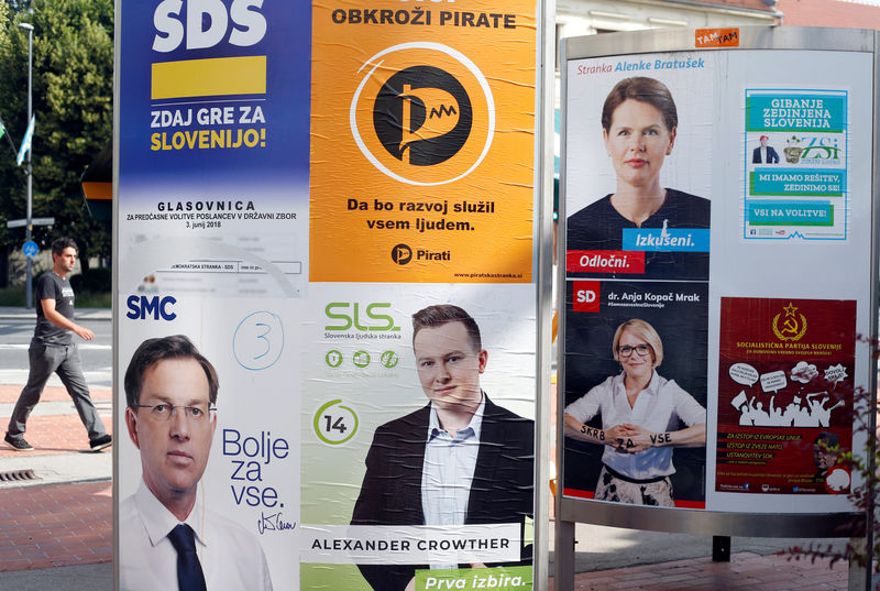 © Reuters. A man walks next to election posters for general elections in Ljubljana