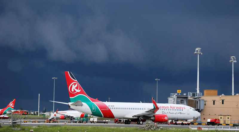 © Reuters. FILE PHOTO: Kenya Airways Boeing 737 planes are seen parked at the Jomo Kenyatta International airport near Kenya's capital Nairobi