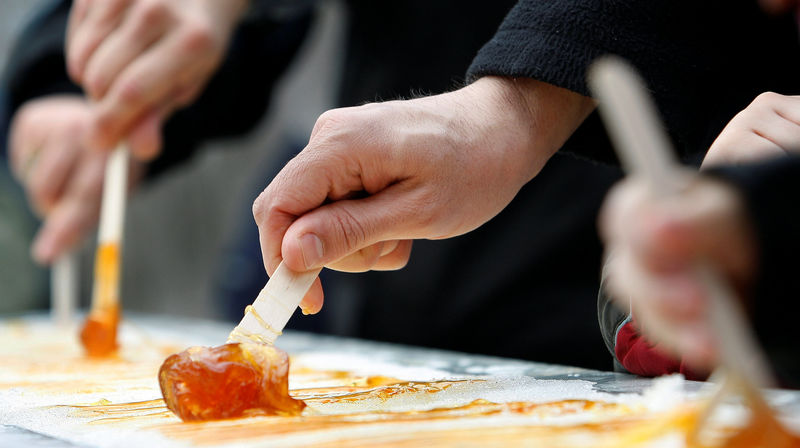 © Reuters. FILE PHOTO: People roll up maple taffy on a wooden stick at the Chemin du Roy maple grove in St-Augustin