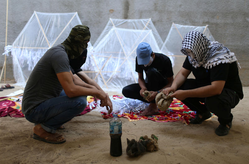 © Reuters. سكان من غزة يرسلون طائرات ورقية مشتعلة إلى إسرائيل ووزير يهدد باغتيالات