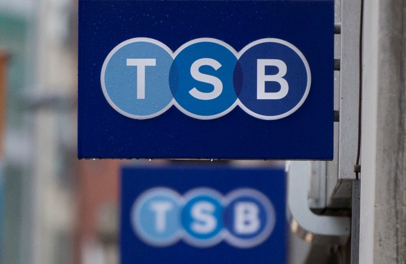 © Reuters. FILE PHOTO: Signs are seen outside of a branch of TSB bank in London