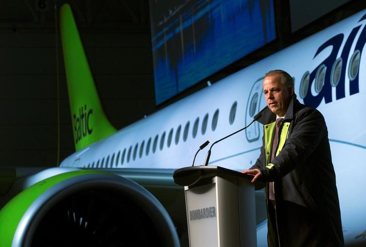 © Reuters. CEO airBaltic Martin Gauss speaks during a ceremony to announce Bombardier's delivery of the first CS300 aircraft to Air Baltic Corporation AS in Mirabel