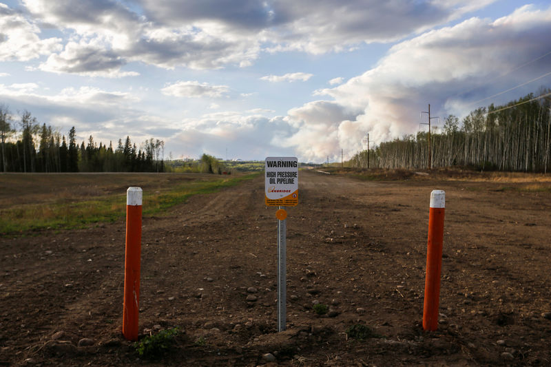 © Reuters. FILE PHOTO:    An Enbridge high pressure oil pipeline sign stands as smoke billows from the Fort McMurray in Kinosis