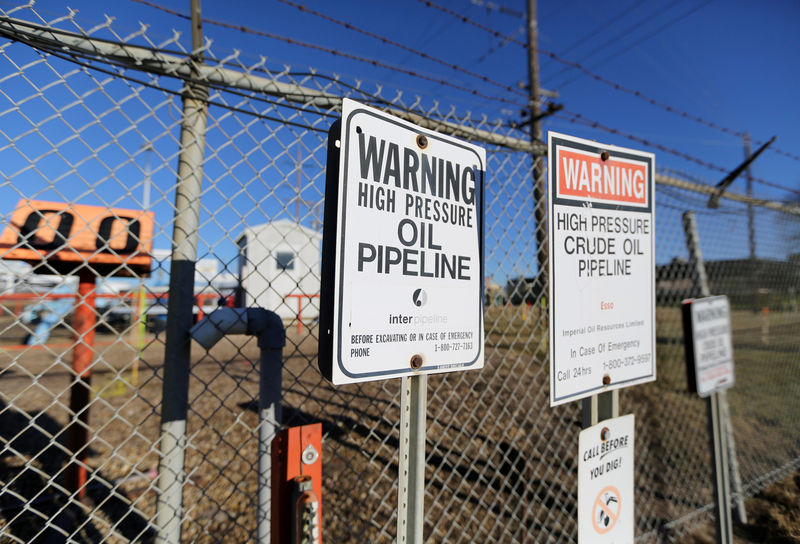 © Reuters. FILE PHOTO:    Signs warning of the presence of oil pipelines are seen on a fence at "Refinery Row" outside facilities run by Enbridge, Kinder Morgan and Suncor in Sherwood Park
