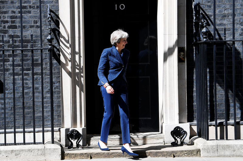 © Reuters. FILE PHOTO - Britain's Prime Minister Theresa May walks out of 10 Downing Street to welcome Norway's Prime Minister Erna Solberg to Downing Street in London