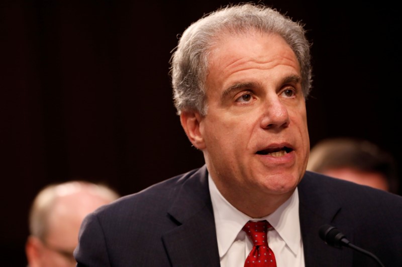 © Reuters. FILE PHOTO: Justice Department Inspector General Michael Horowitz testifies during a Judiciary Committee hearing into alleged Russian meddling in the 2016 election on Capitol Hill in Washington