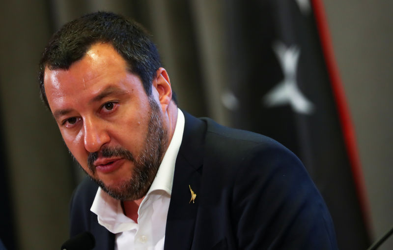© Reuters. Italian Interior Minister Matteo Salvini talks during a news conference with Libyan Deputy Prime Minister Ahmed Maiteeg in Rome