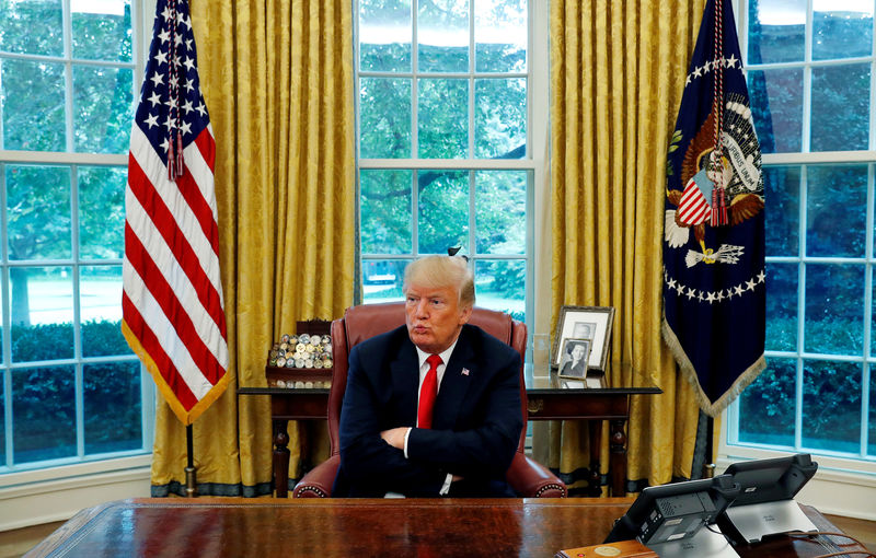 © Reuters. U.S. President Trump reacts to a question during interview with Reuters in the Oval Office of the White House in Washington
