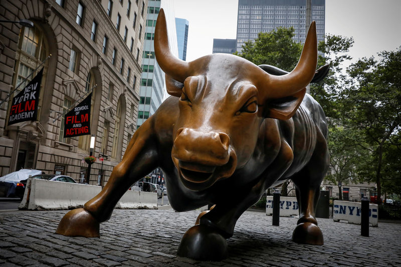 © Reuters. FILE PHOTO: The Charging Bull statue, also known as the Wall St. Bull, is seen in the financial district of New York City