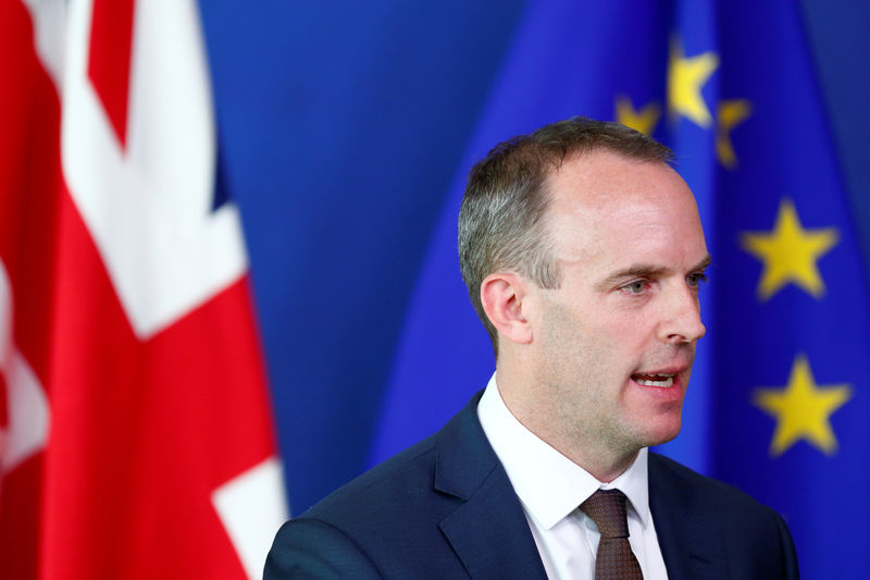 © Reuters. FILE PHOTO: Britain's Secretary of State for Exiting the European Union, Dominic Raab attends a media briefing with European Union's chief Brexit negotiator, Michel Barnier, after a meeting at the EU Commission headquarters in Brussels