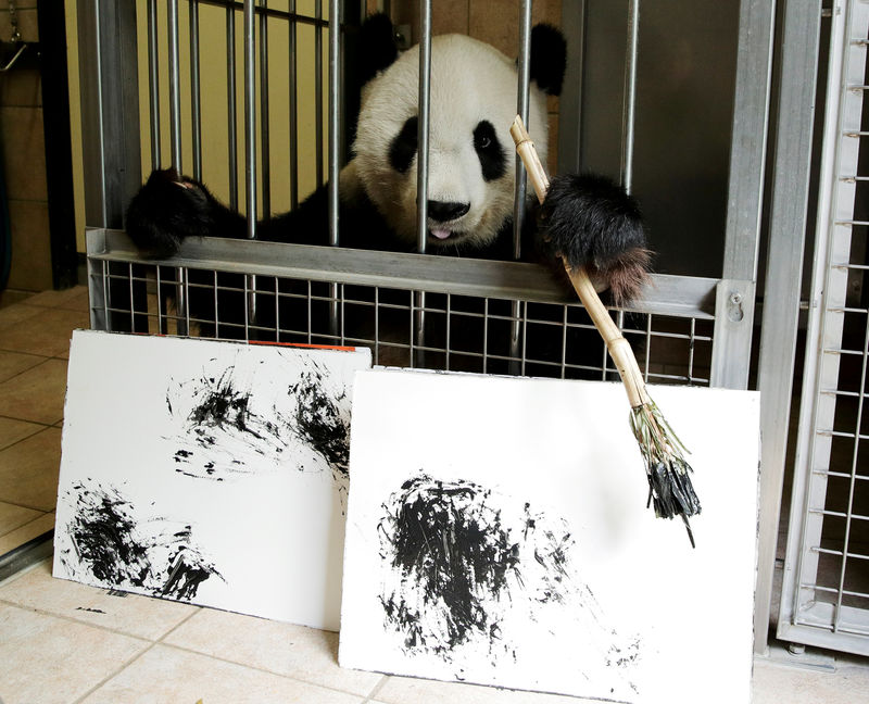 © Reuters. Panda Yang Yang segura pincel atrás de pinturas feitas por ela no zoológico de Viena