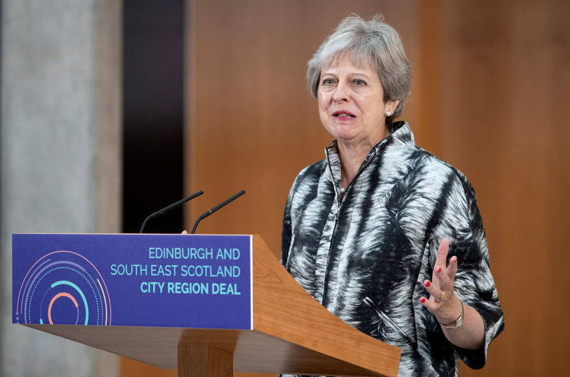 © Reuters. Britain's Prime Minister Theresa May speaks at the University of Edinburgh before signing the Edinburgh and South East Scotland City Region Deal in Edinburgh, Scotland