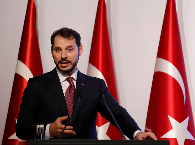 © Reuters. Turkish Treasury and Finance Minister Albayrak speaks during a presentation to announce his economic policy in Istanbul