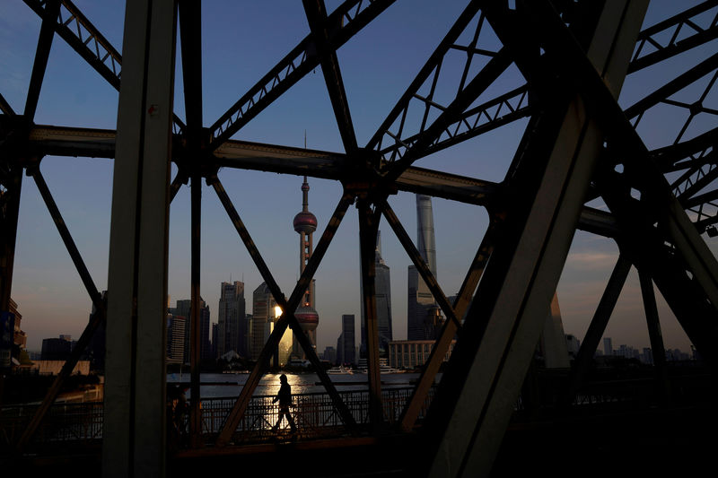 © Reuters. FILE PHOTO: A man walks on a bridge in front of the financial district of Pudong in Shanghai