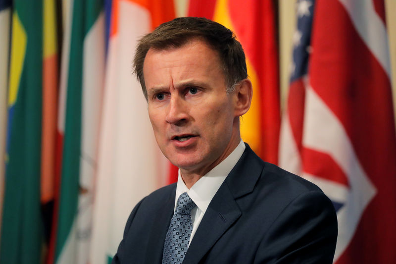 © Reuters. FILE PHOTO - British Foreign Secretary Jeremy Hunt speaks outside the United Nations Security Council prior to presiding over a meeting of the Council at U.N. headquarters in New York City