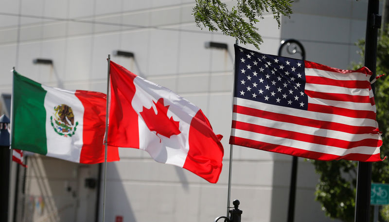 © Reuters. FILE PHOTO: Flags of the U.S., Canada and Mexico fly next to each other in Detroit, Michigan
