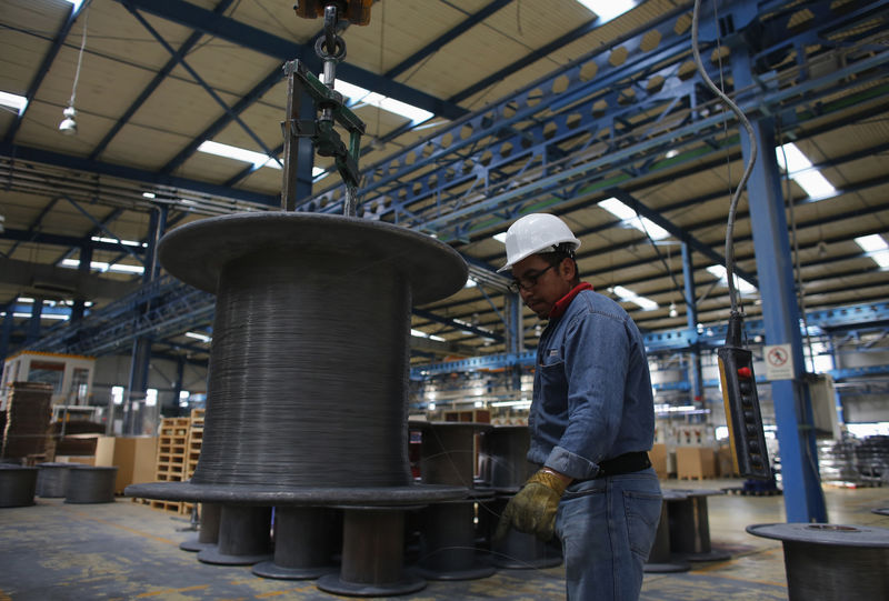 © Reuters. Worker holds stainless steel wire produced at TIM stainless steel wire factory in Huamantla