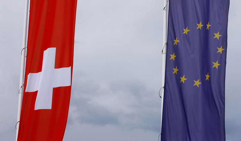 Â© Reuters. Flags of the European Union and Switzerland flutter in the wind in Blotzheim