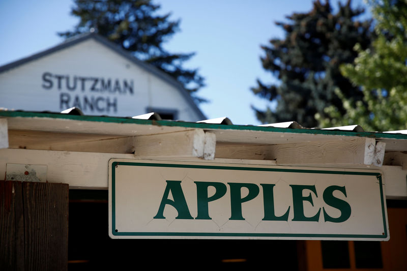 © Reuters. A sign advertising apples at the Stutzman Ranch near Wenatchee