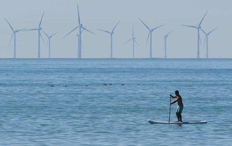 © Reuters. A man paddle boards, with an off-shore wind farm seen in the English Channel behind, during hot weather at Brighton in southern Britain