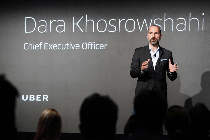 © Reuters. The CEO of ride-sharing app Uber Dara Khosrowshahi pictured on stage during an event in New York