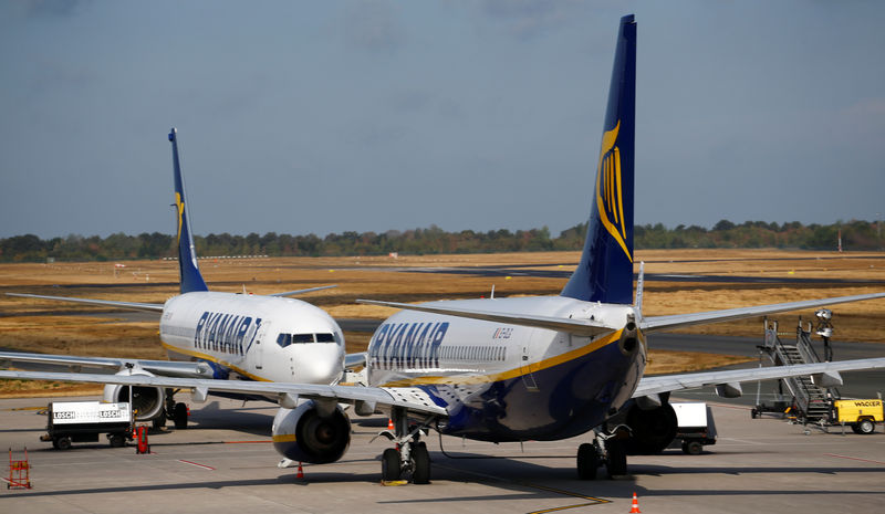 © Reuters. FILE PHOTO: Aircrafts of low-cost airliner Ryanair are parked at the tarmac of Weeze airport near the German-Dutch border during a wider European strike of Ryanair airline crews