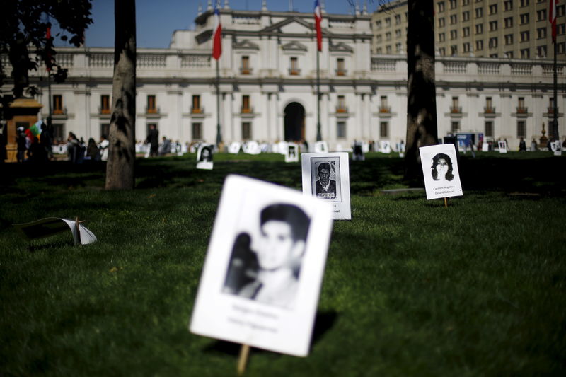 © Reuters. Imagens de vítimas de abuso de direitos humanos em frente a palácio em Santiago