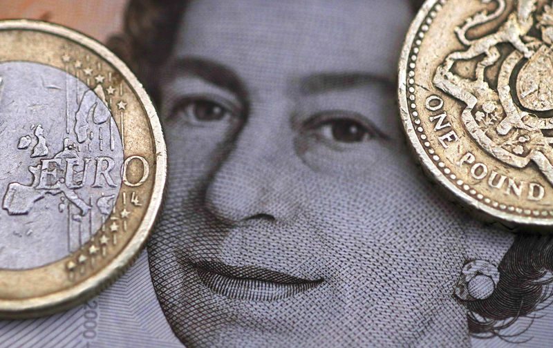 © Reuters. Photo illustration of a two Euro coin pictured next to a one Pound coin on top of a portrait of Britain's Queen Elizabeth