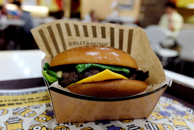© Reuters. FILE PHOTO: A cheesy champignon angus burger is seen at a McDonald's restaurant in Hong Kong